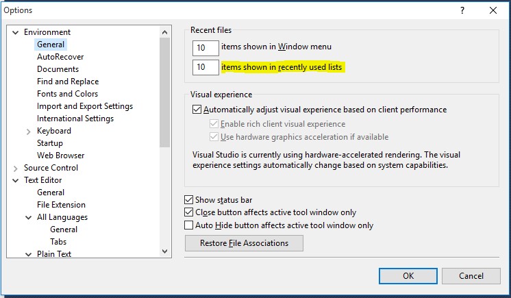 SSMS Recent Files Option