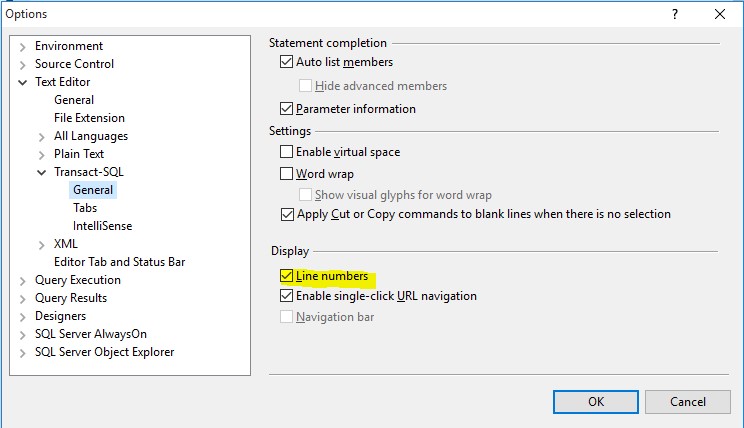 Line Numbers Option in SSMS