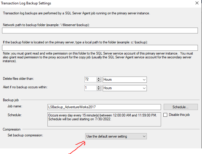 How to change Log Shipping backup compression